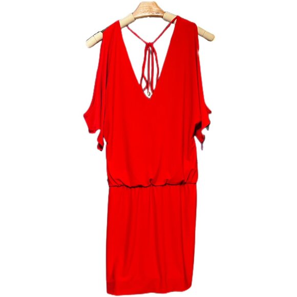 Cache Dress MSRP $68 Open Shoulder Drape Crisscross Back Elastic Beaded Red XS - Picture 3 of 7